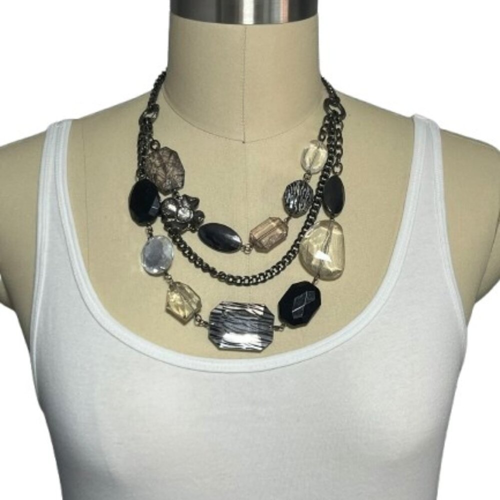 Chunky Multi-Strand Statement Necklace Black Silver Lucite Beaded
